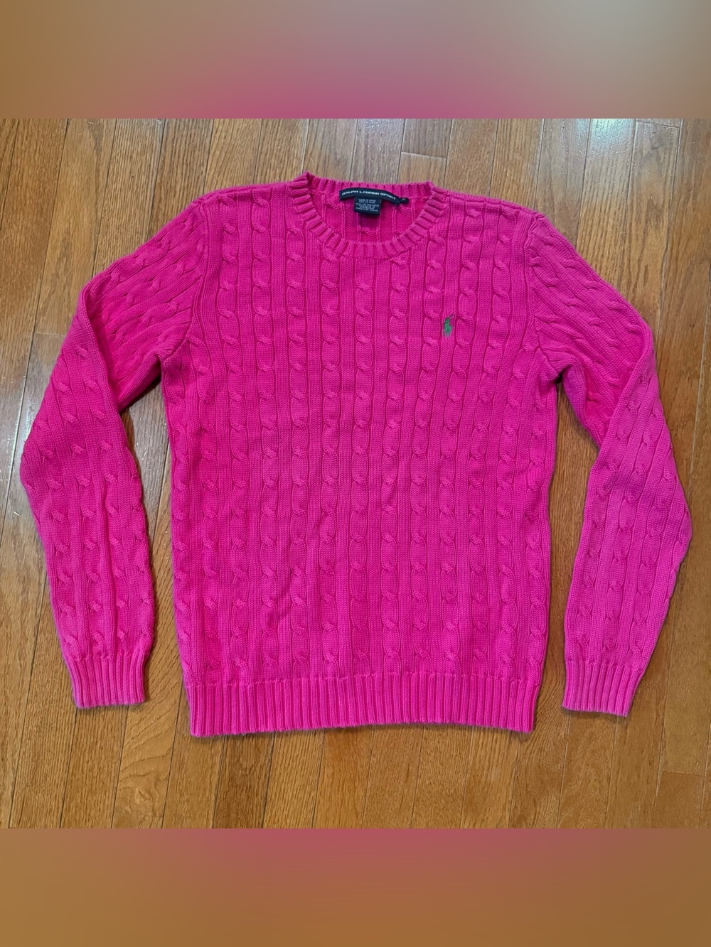 Ralph Lauren Sport Women’s XL Cable Knit Sweater 100% Cotton Crewneck Green Pony